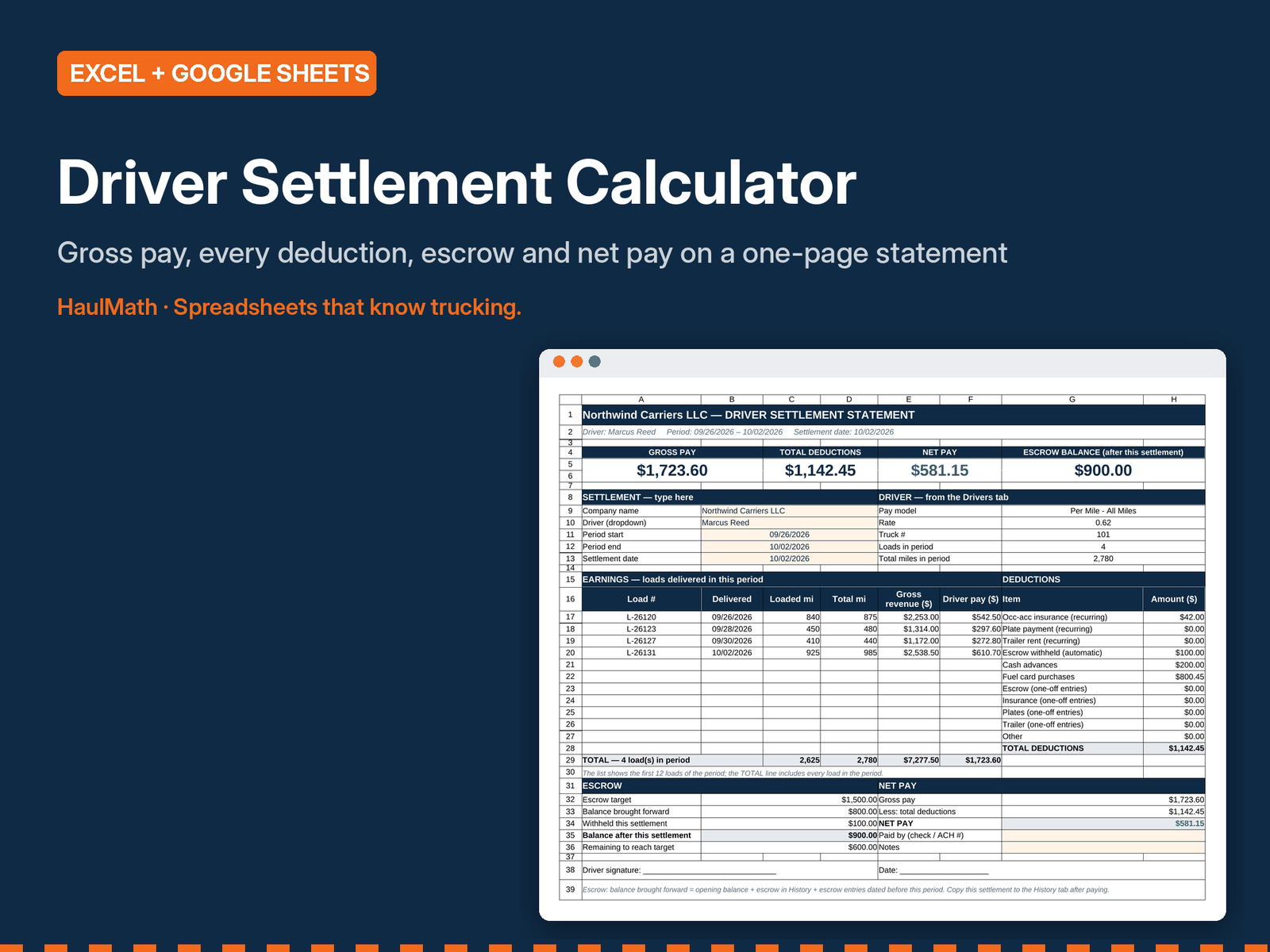 Driver Settlement Calculator spreadsheet preview